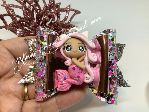 Handmade Leatherette bow - Sparkle Mermaid Clay Bow Dk pink