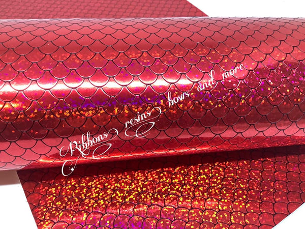 ✔️Red Mermaid Scales Synthetic Leatherette (holographic)