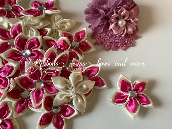 2" Satin ribbon flowers - off white / pink