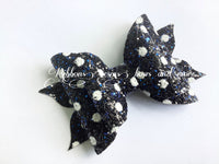 Handmade Leatherette bow - Navy / blue fleck white spot