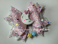 Handmade Leatherette bow - Moon - Pink and white