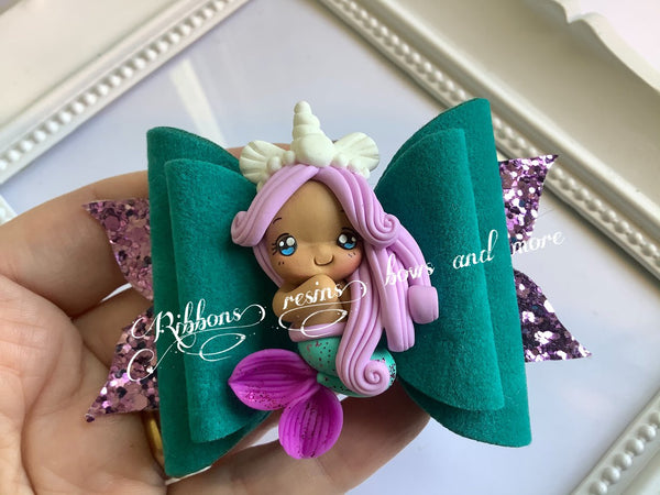 Handmade Leatherette bow - Mermaid Clay Bow (Purple and Teal)